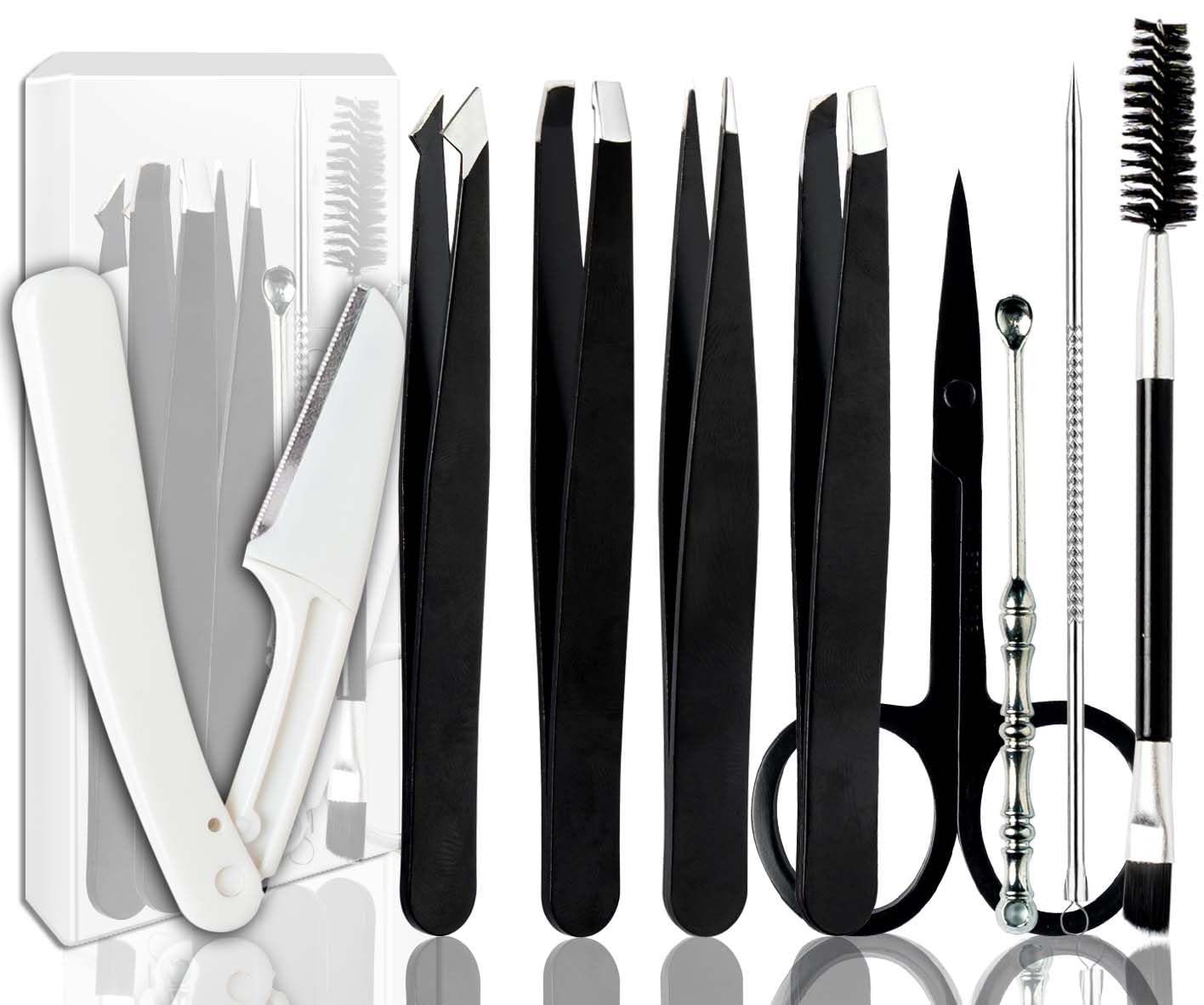 [9+1 PCS] Tweezer Kit Tweezers for Women Facial Hair Professional Tweezers Set Eyebrow Tweezers Professional Stainless Steel Eyebrow Tweezers for Women &MenBlack And Pink Eyebrow Clip Sets.