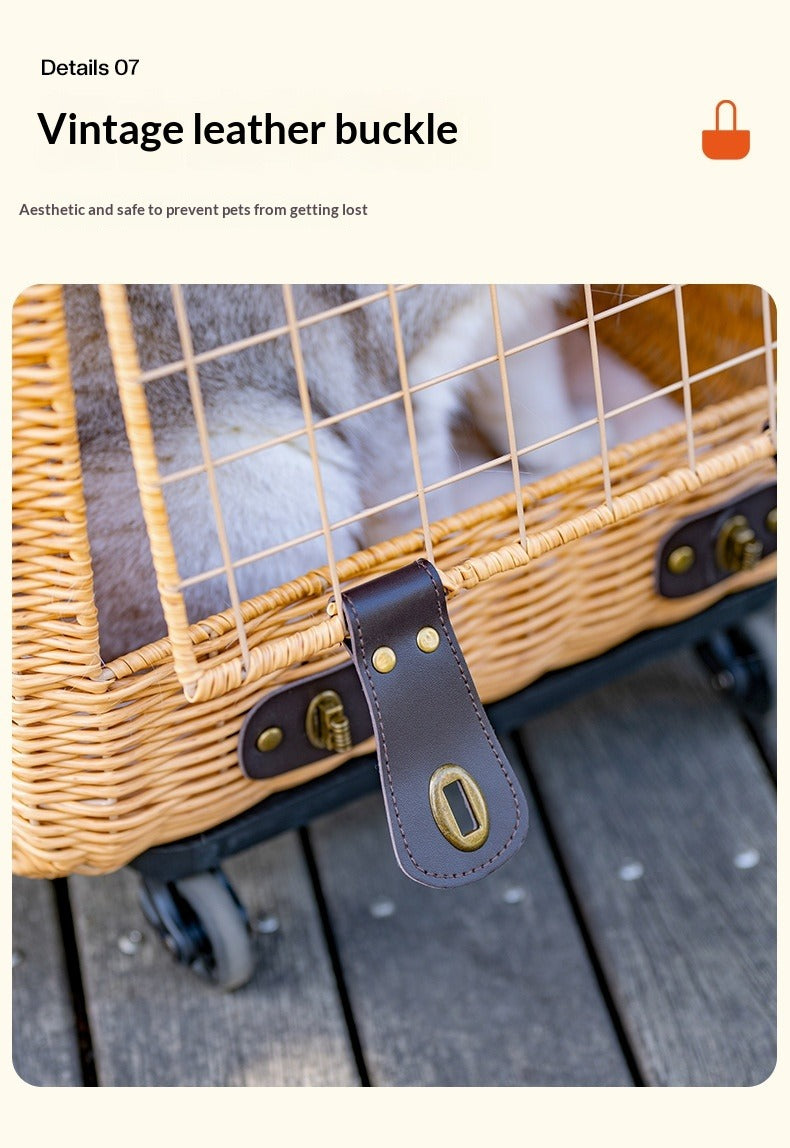 Portable Rattan Cat Carrier with Ventilation & Pull Handle