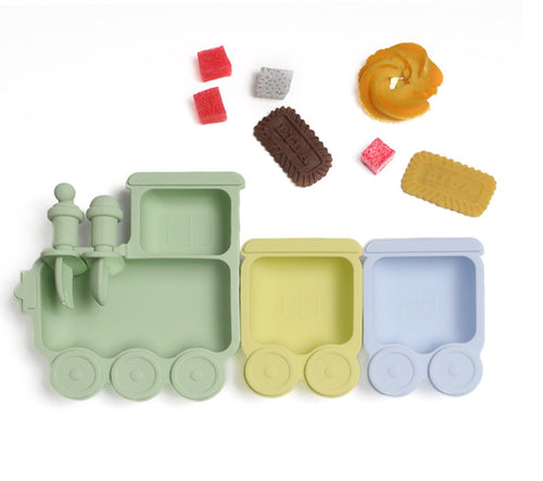 Baby Suction Plate Silicone 5 Piece Baby Feeding Set - Non Slip Unique Trains Toddler Plates with Fork Spoon Kids Baby Weaning Plate for No More Meal Time Mess (Matcha)