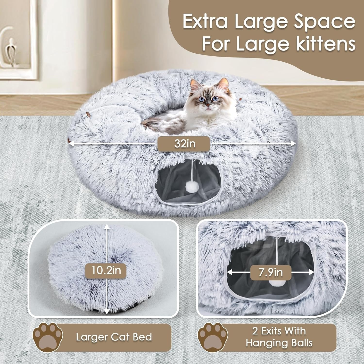 Cat Tunnel Bed with Washable Mat for Indoor Pets