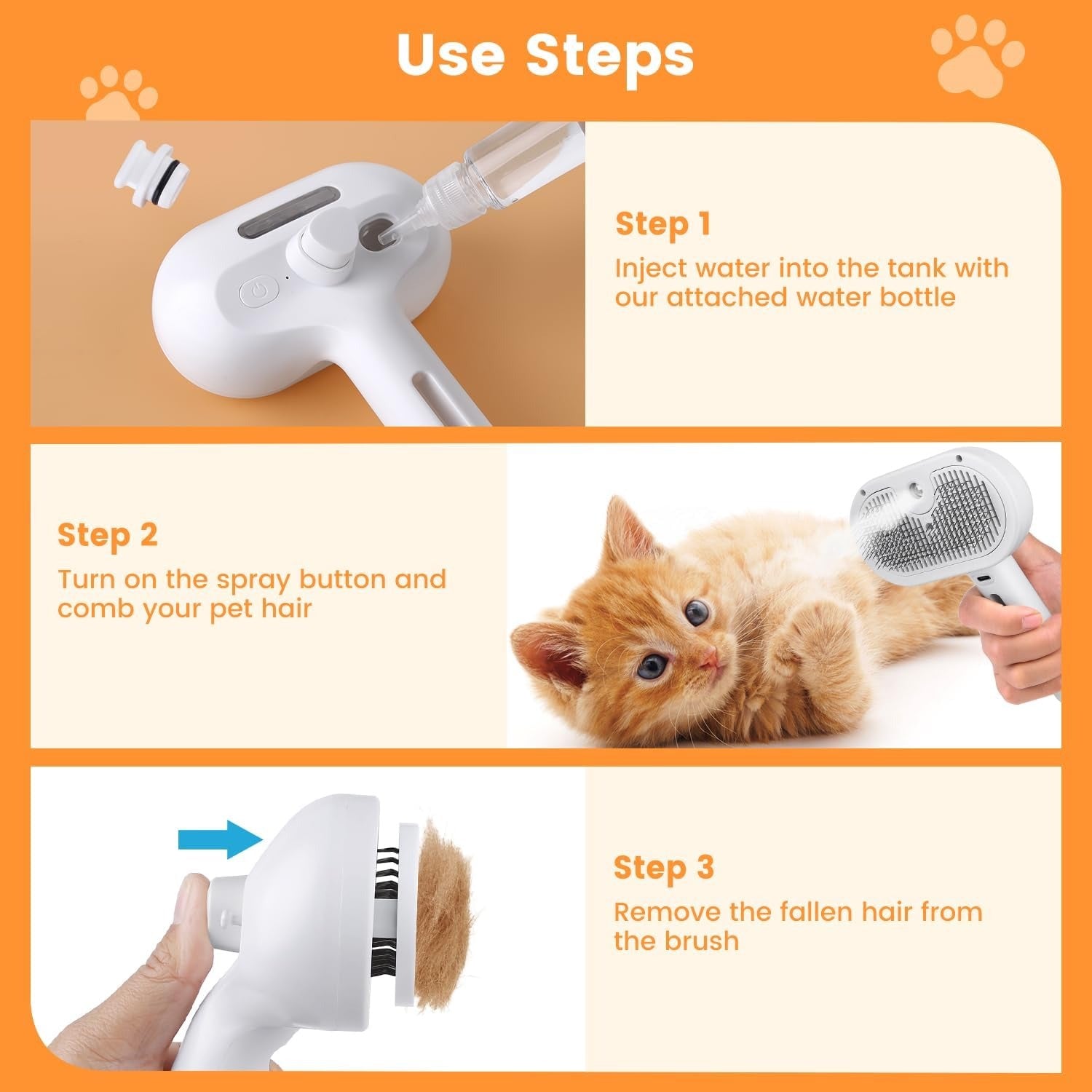 3 in 1 Pet Steam Brush with Spray and Self-Cleaning