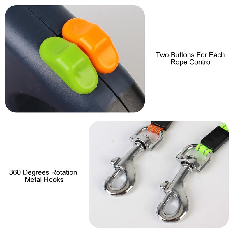 Retractable Dual Dog Leash with Light, 360° Swivel
