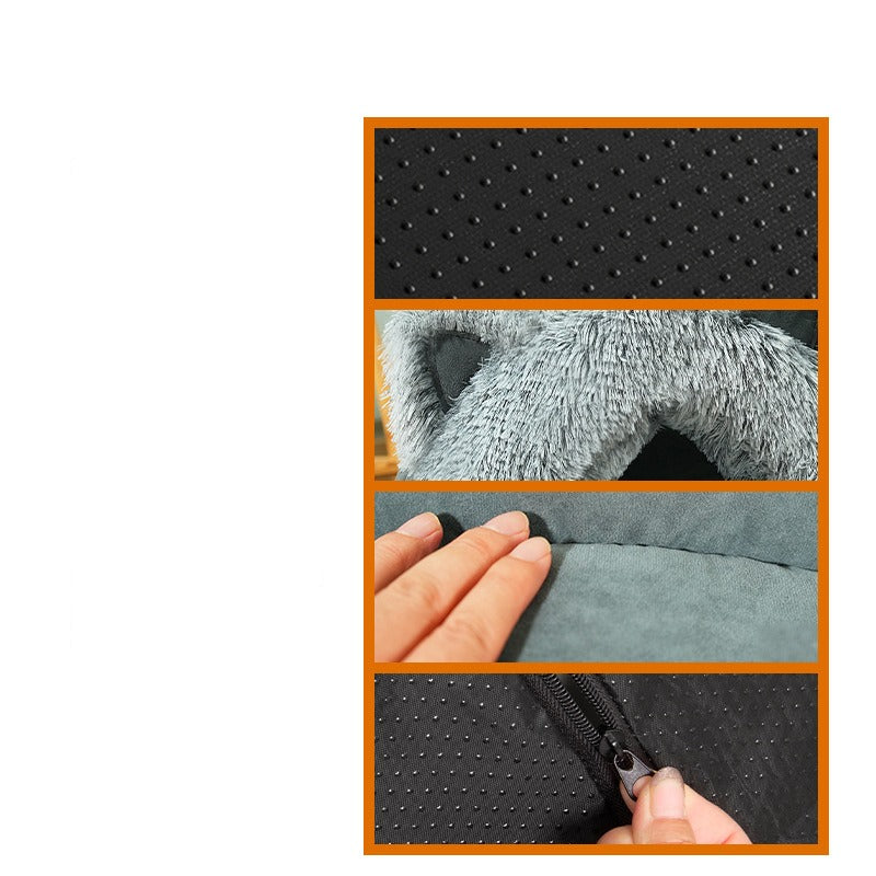 Plush Cat Dog Bed with Ears, Warm & Thick, Large Collar