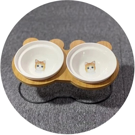 Ceramic Double Cat Bowl with Wooden Stand for Pets