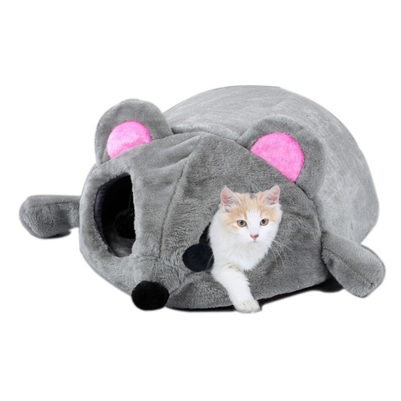 Cozy Cat House with Cartoon Mouse Design for Winter