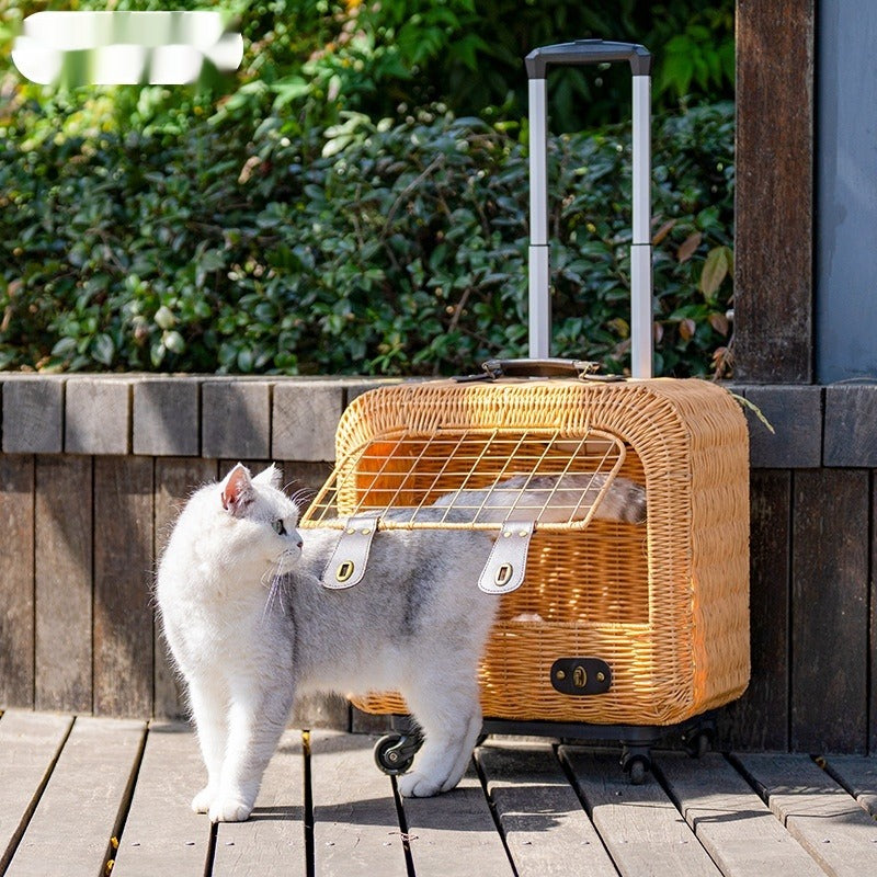 Portable Rattan Cat Carrier with Ventilation & Pull Handle