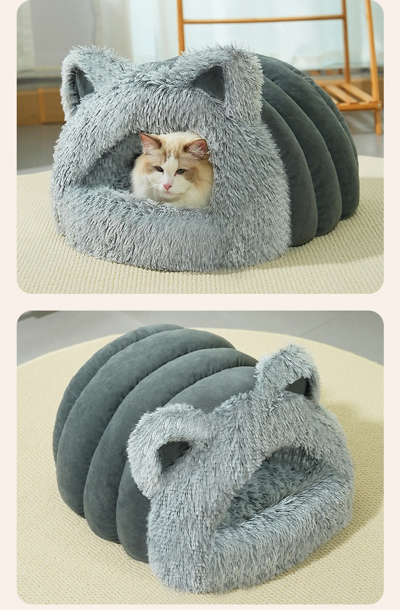 Plush Cat Dog Bed with Ears, Warm & Thick, Large Collar