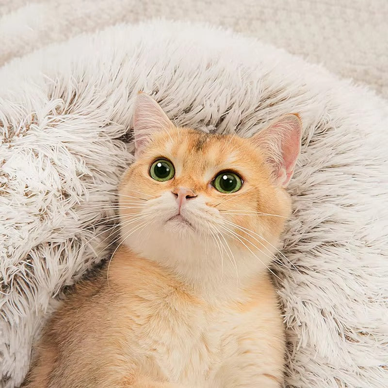 Long Plush Round Cat Bed for Pets