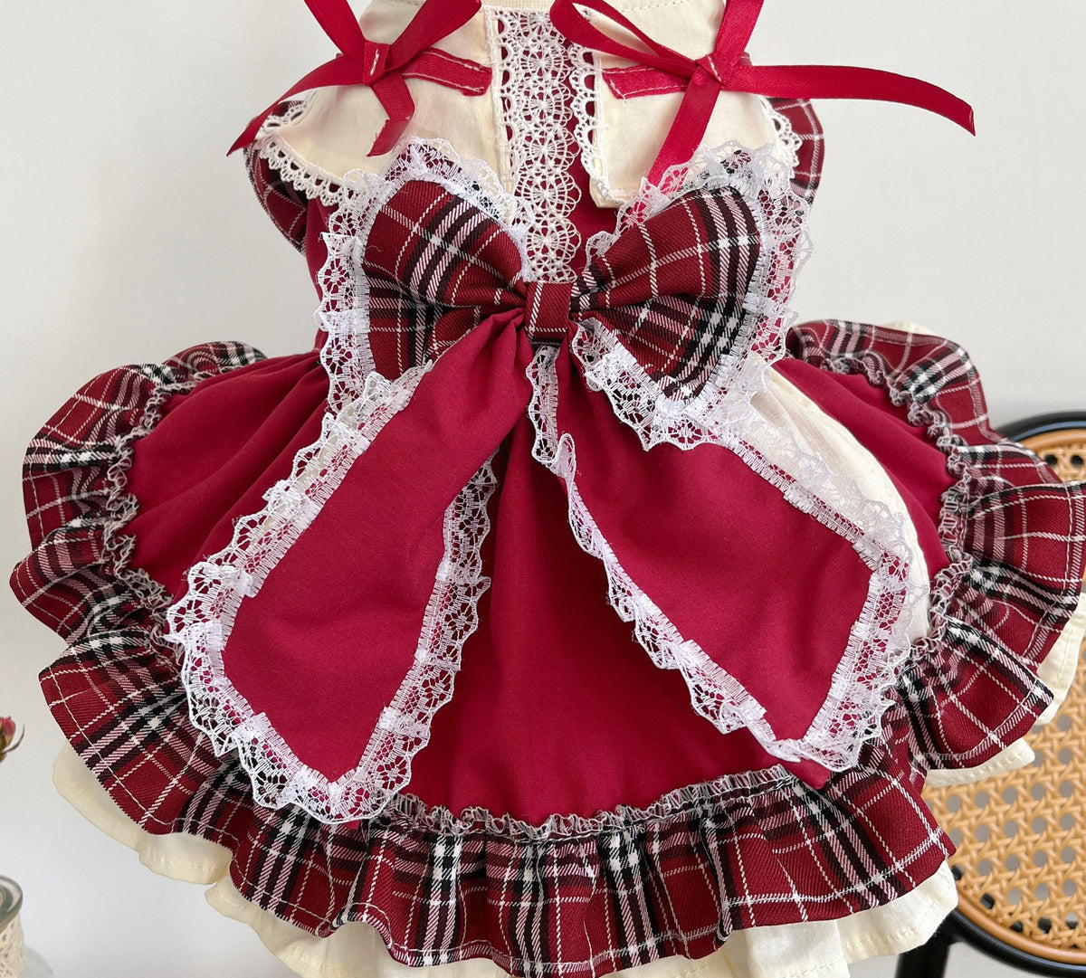 Plaid Lace Princess Lolita Dress with Pet Bow
