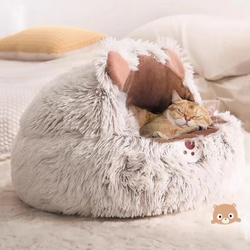 Long Plush Round Cat Bed for Pets