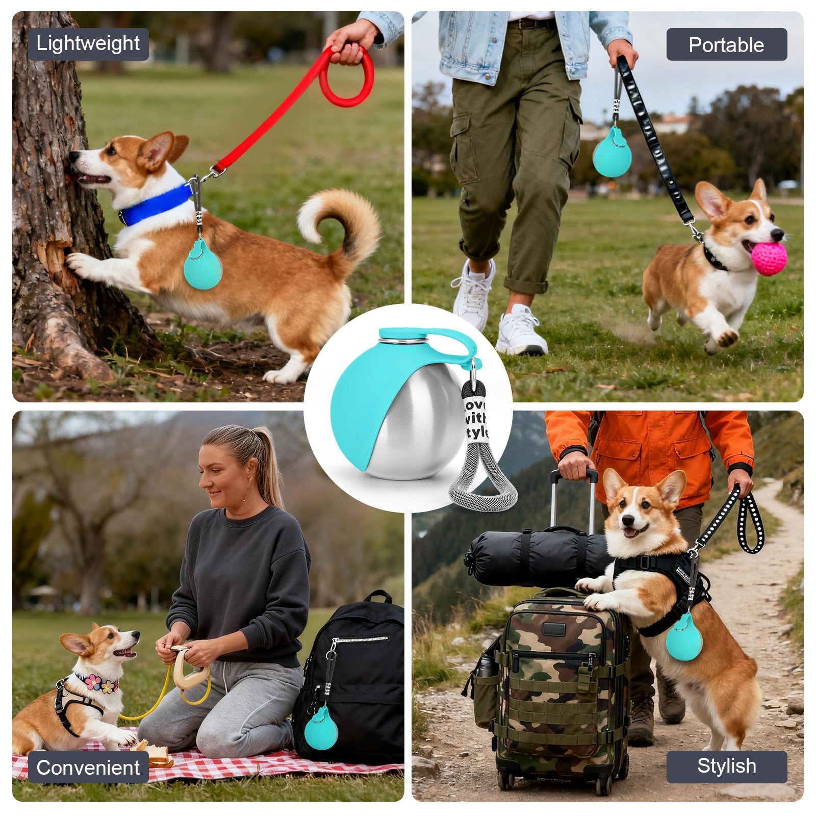 Portable Stainless Steel Dog Water Bottle with Bowl – 10oz Leak-Proof