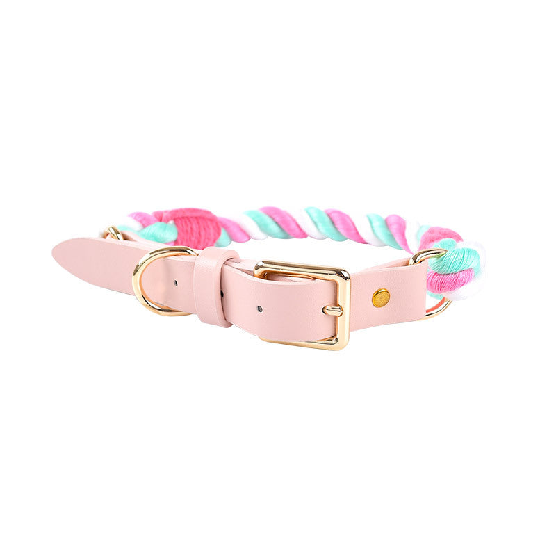 Hand Woven Cotton Rope and Leather Pet Collar