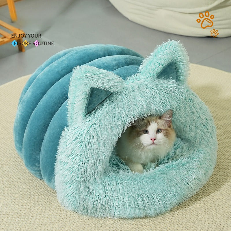 Plush Cat Dog Bed with Ears, Warm & Thick, Large Collar