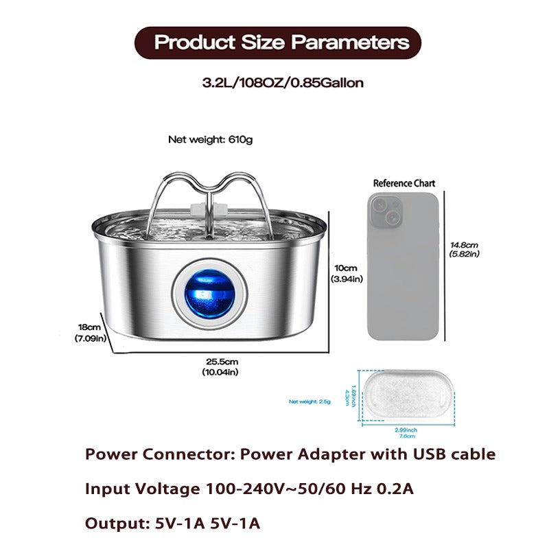 3.2L Cowhorn Pet Water Dispenser - Stainless Steel Fountain with 4 Filters