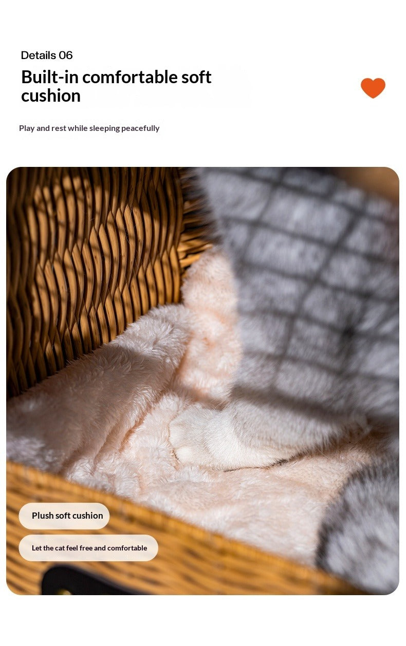 Portable Rattan Cat Carrier with Ventilation & Pull Handle