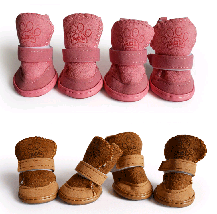Dog Shoes for Pets, Fleece Snow Boots in Khaki & Pink
