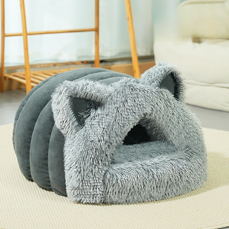 Plush Cat Dog Bed with Ears, Warm & Thick, Large Collar