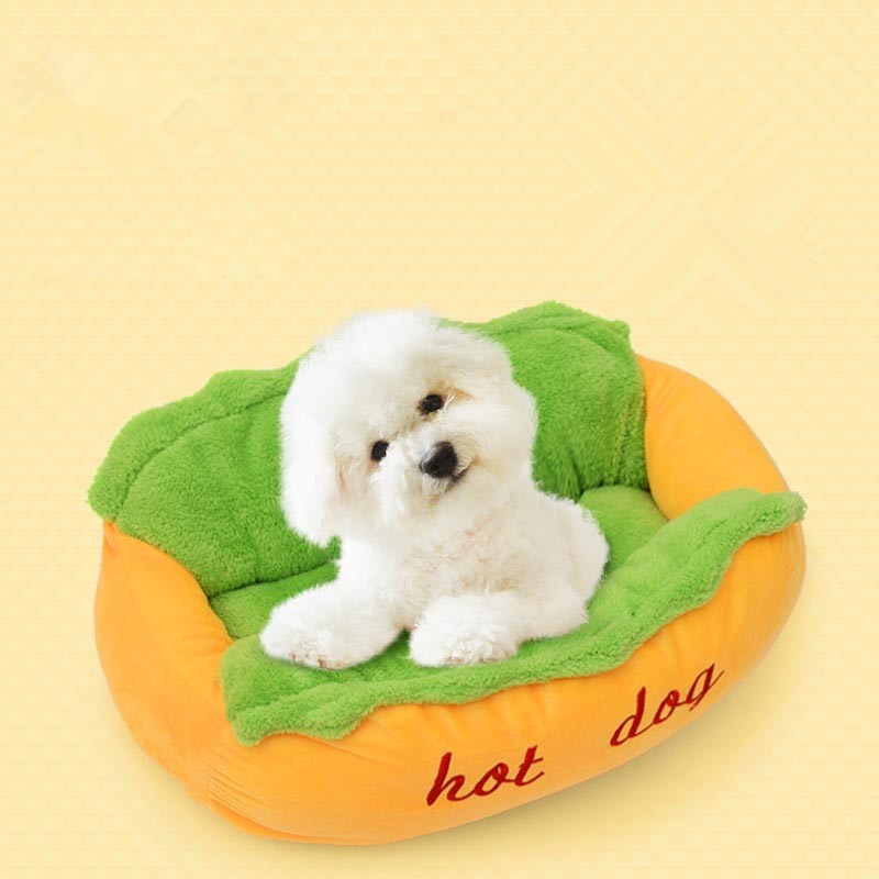 Hot Dog Shaped Pet Bed for Teddy and Golden Retrievers