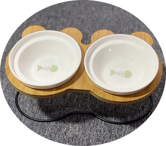 Ceramic Double Cat Bowl with Wooden Stand for Pets