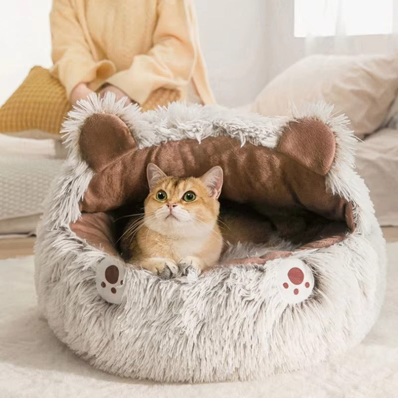 Long Plush Round Cat Bed for Pets