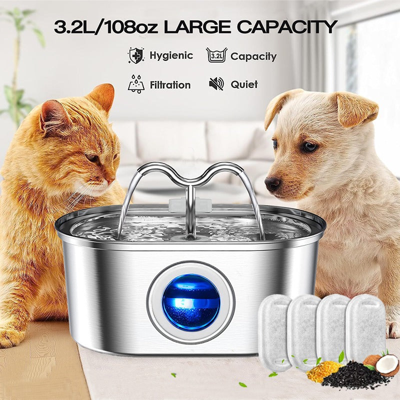 3.2L Cowhorn Pet Water Dispenser - Stainless Steel Fountain with 4 Filters