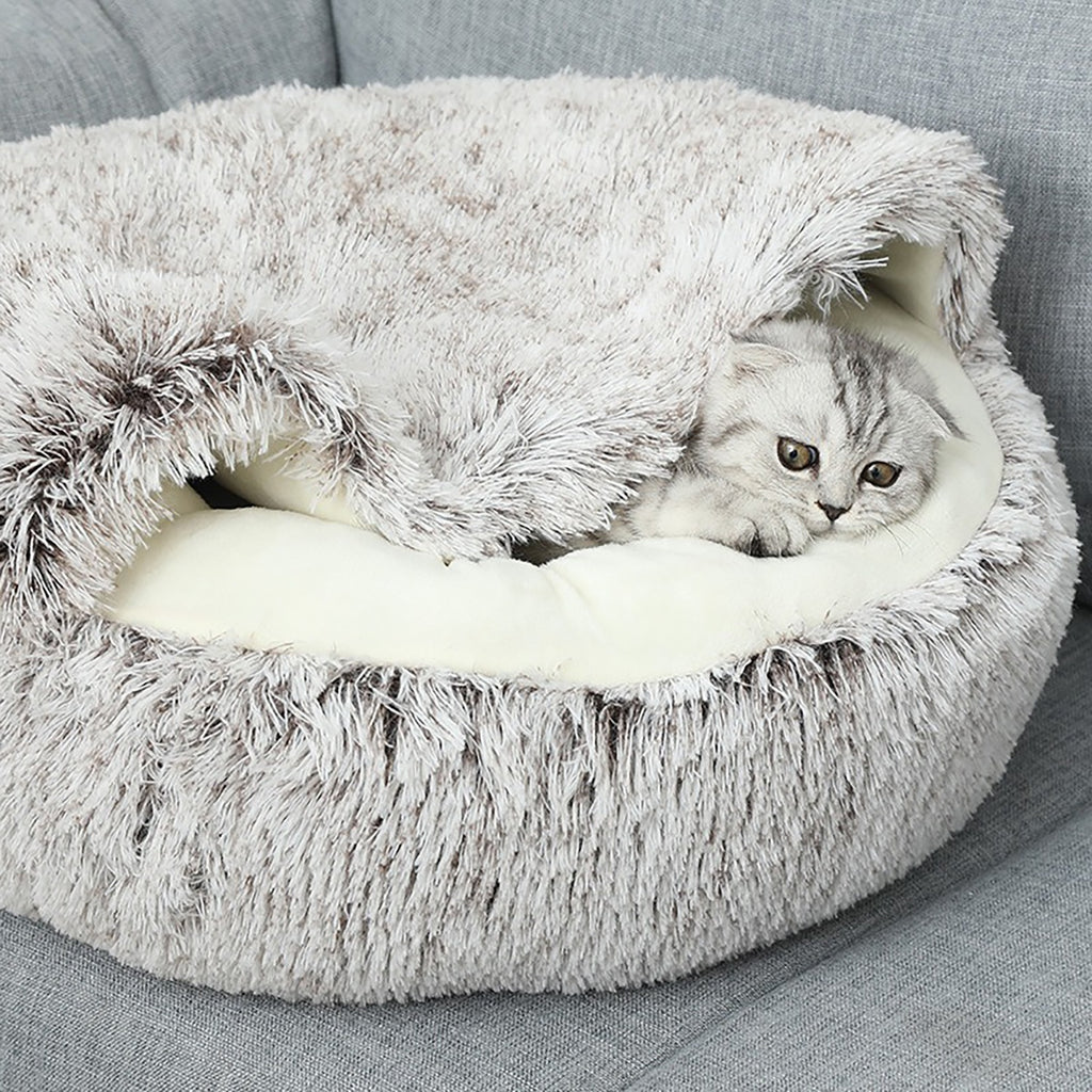 Plush Round Hooded Cat Bed