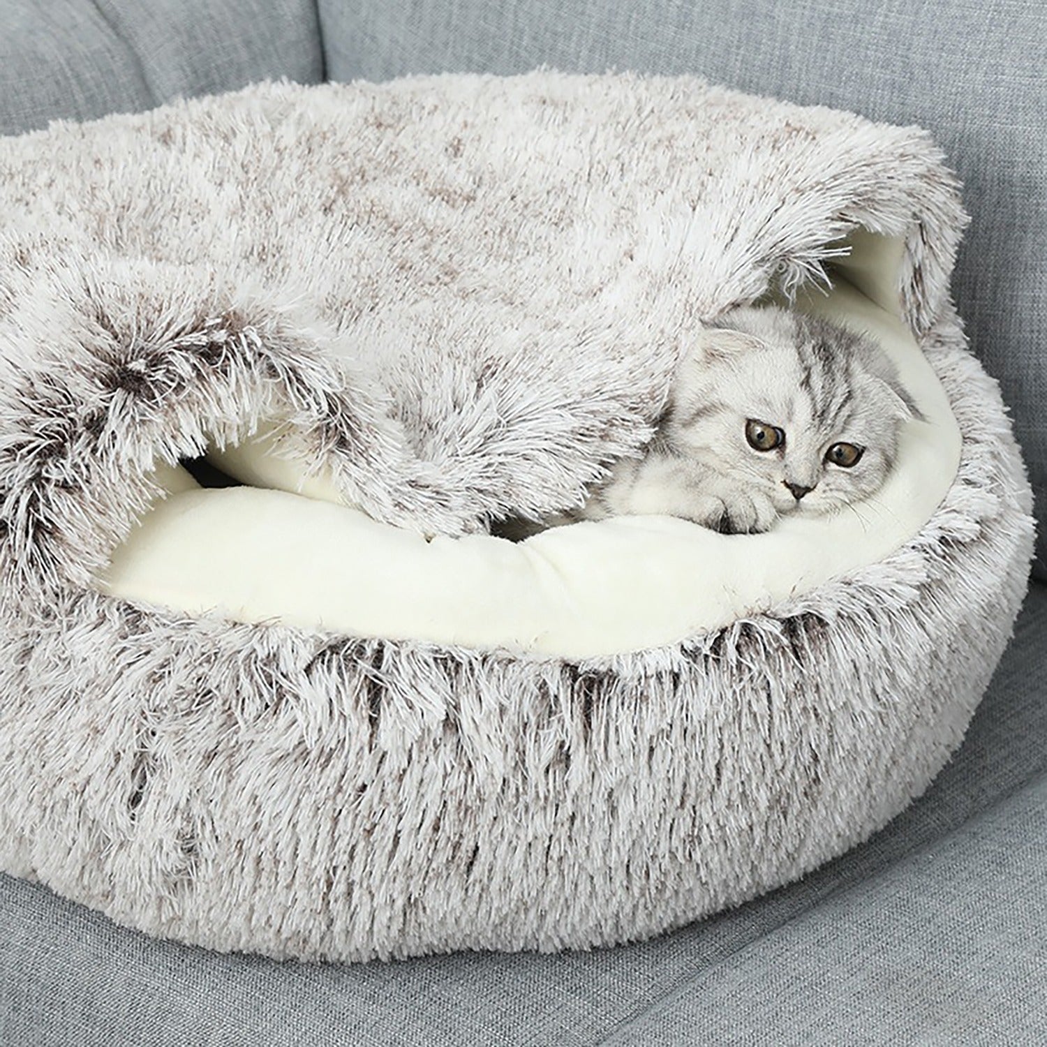 Plush Round Hooded Cat Bed