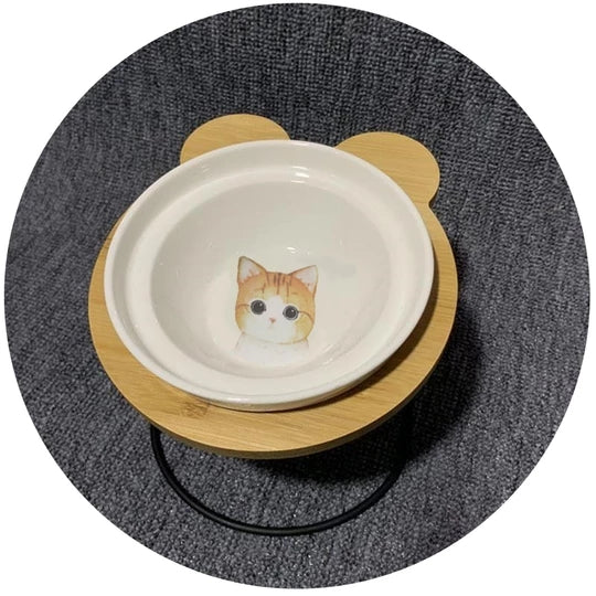 Ceramic Double Cat Bowl with Wooden Stand for Pets
