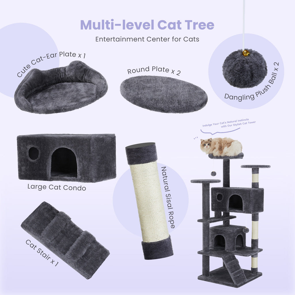 Large Multi-Level Cat Tree Tower with Scratching Post - Grey