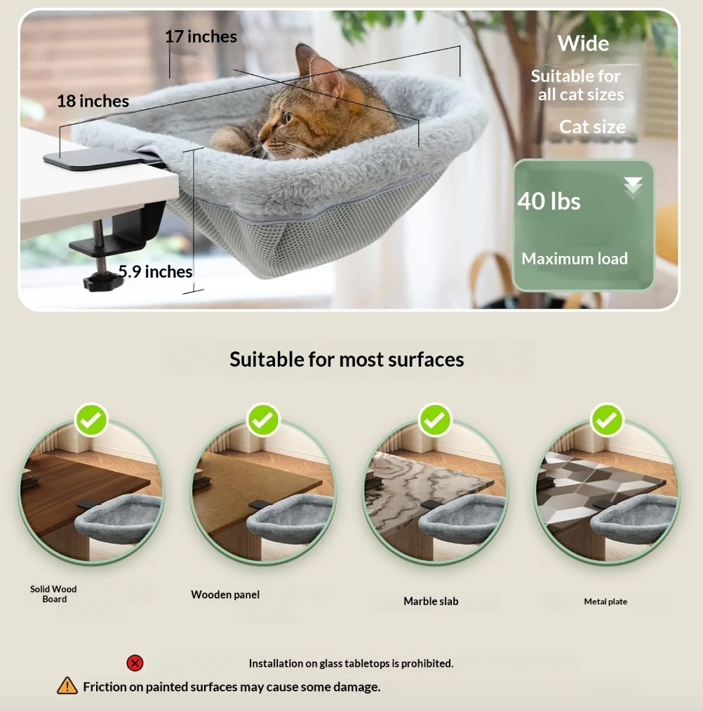 Foldable Cat Bed Attachment for Computer Desk – Space Saving Hanging Pet Hammock