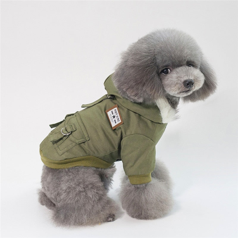 Stylish Military Dog Jacket with Hood and Pockets