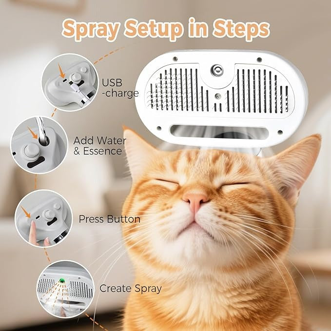 3 in 1 Pet Steam Brush with Spray and Self-Cleaning