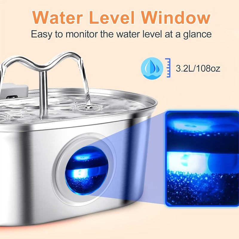 3.2L Cowhorn Pet Water Dispenser - Stainless Steel Fountain with 4 Filters
