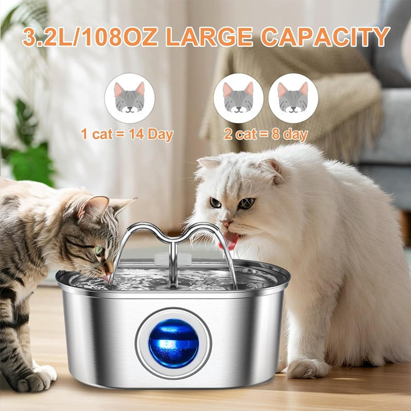 3.2L Cowhorn Pet Water Dispenser - Stainless Steel Fountain with 4 Filters