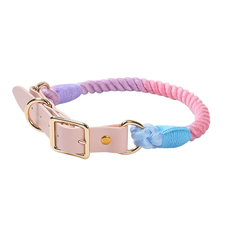 Hand Woven Cotton Rope and Leather Pet Collar