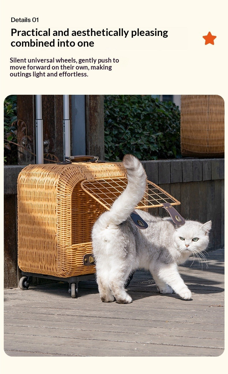 Portable Rattan Cat Carrier with Ventilation & Pull Handle