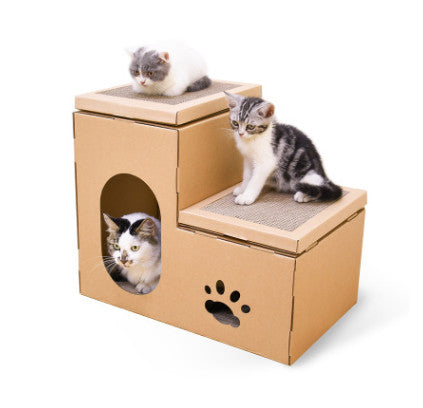 Corrugated Cat House with Two-Tier Scratch Board