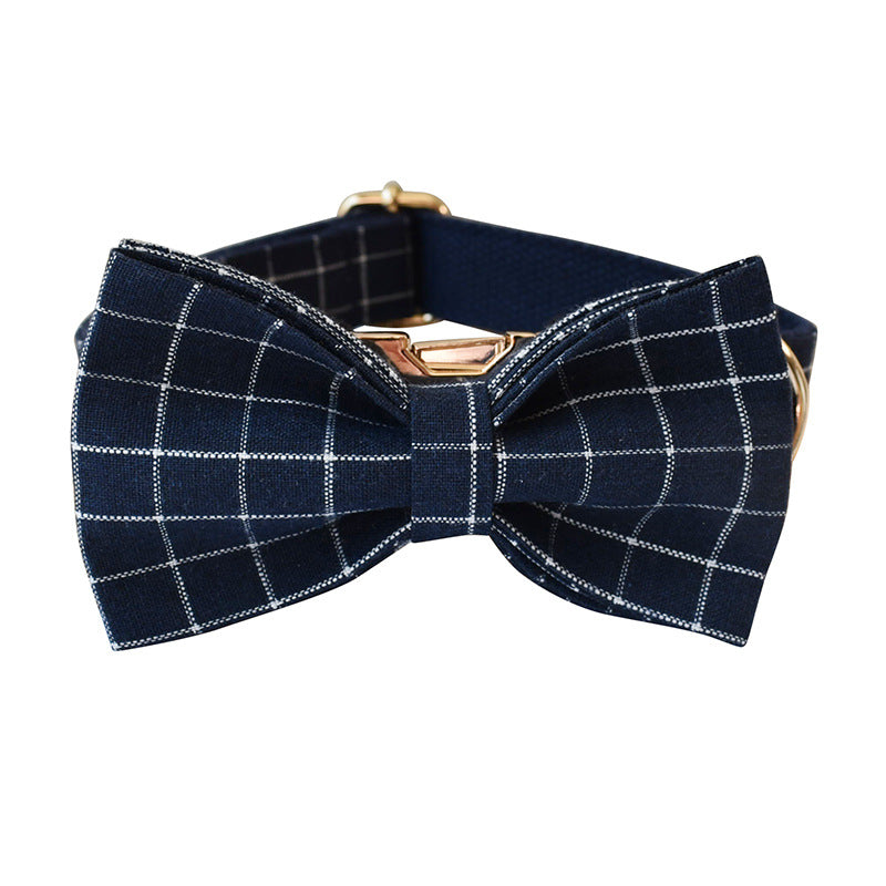 Navy Blue Plaid Dog Collar with Gold Button Buckle