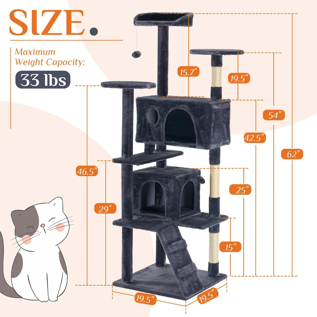 Large Multi-Level Cat Tree Tower with Scratching Post - Grey