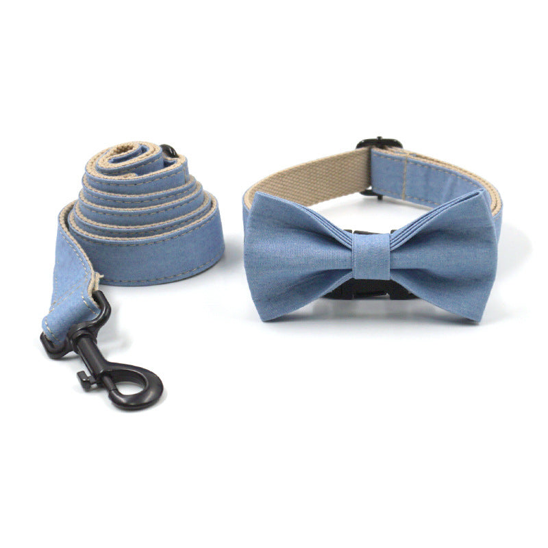 Denim Dog Collar and Leash with Bow Set